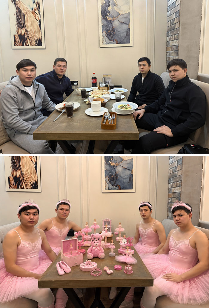 Четверо мужчин за столом в розовых балетных пачках и коронах