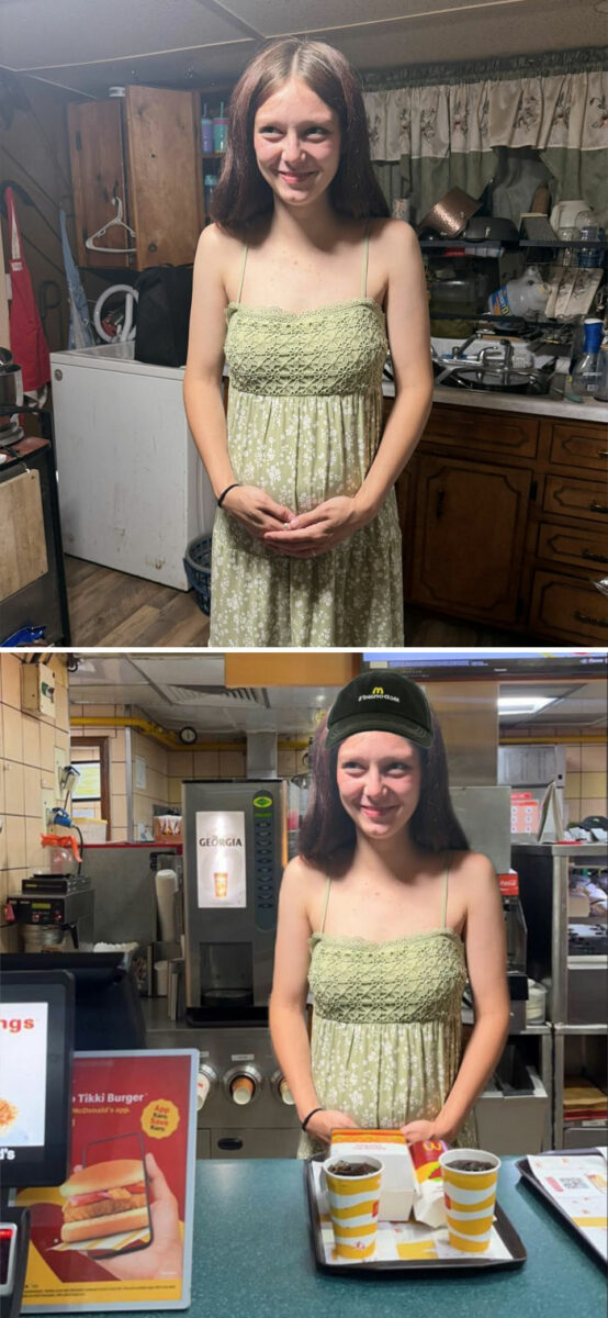 Беременная девушка на кухне, а затем за стойкой ресторана быстрого питания с подносом