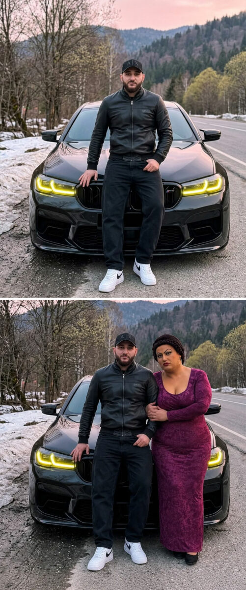 Мужчина у чёрного автомобиля, а затем рядом с женщиной в фиолетовом платье