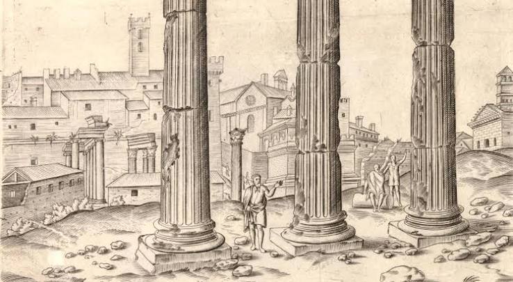 Старинная гравюра средневекового Рима XVI века, символизирующая момент перехода на новый календарь
