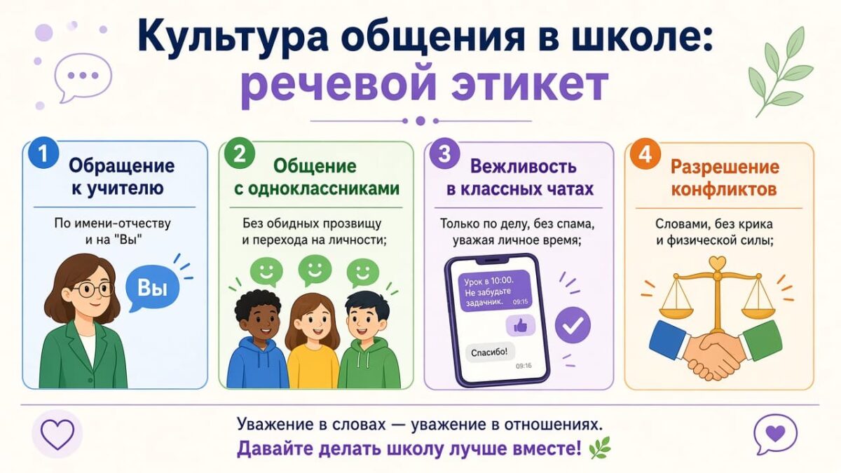 Инфографика: Культура общения в школе - речевой этикет и обращение к учителям и правила поведения в классных чатах