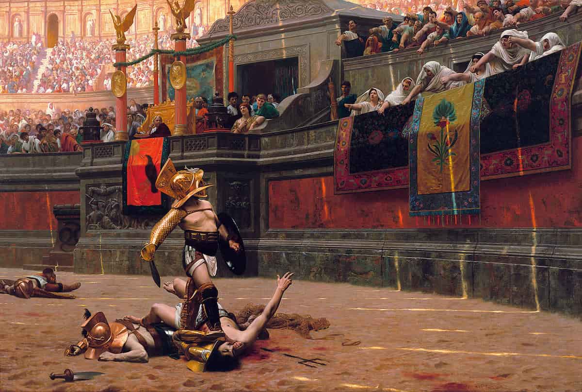 Картина Жана-Леона Жерома «Пальцем вниз» (Pollice verso): победитель-гладиатор ждёт решения зрителей
