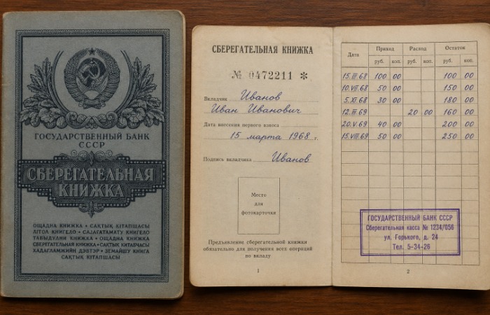 Советская сберегательная книжка с записями о вкладах
