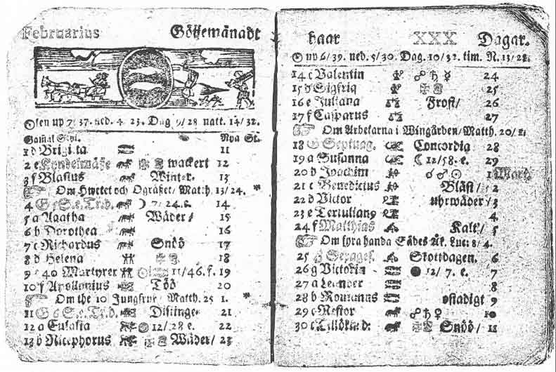 Старинный шведский календарь на февраль 1712 года с необычной датой 30 февраля