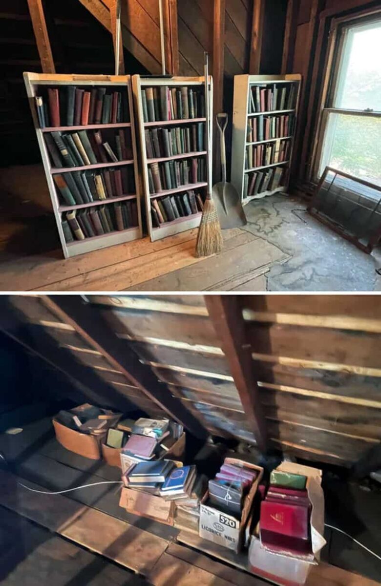 Чердак со стеллажами старых книг и метлой
