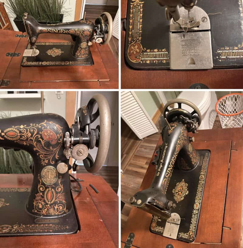 Чёрная швейная машина Singer 1910 года с золотым орнаментом