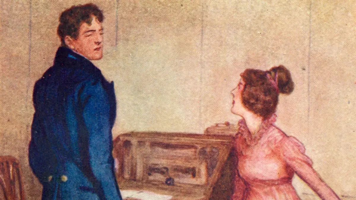 Иллюстрация художника Ч. Э. Брока к роману Джейн Остин &laquo;Гордость и предубеждение&raquo;: мужчина в синем сюртуке рядом с женщиной у секретера