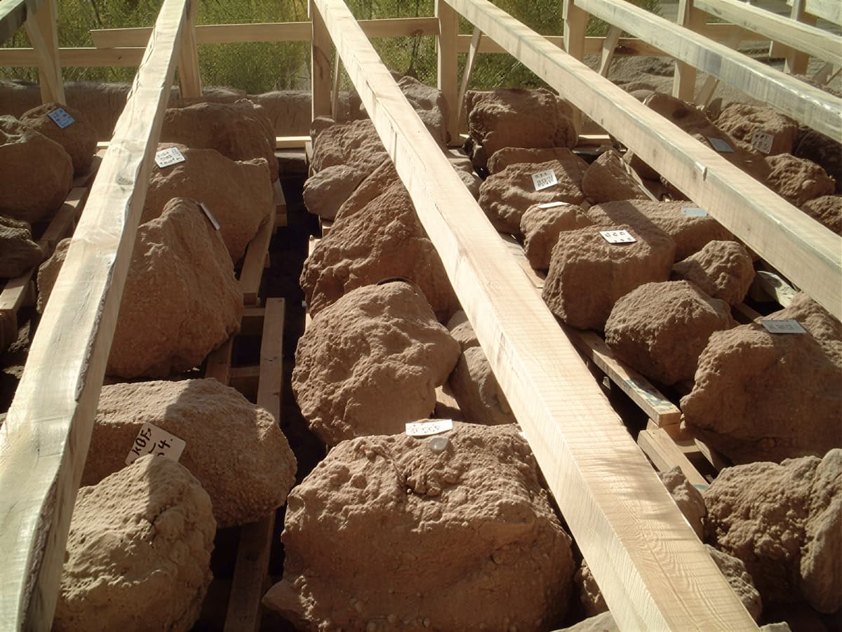 Сотни каменных обломков Бамианских статуй Будды сложены в хранилище под навесом, 2016 год